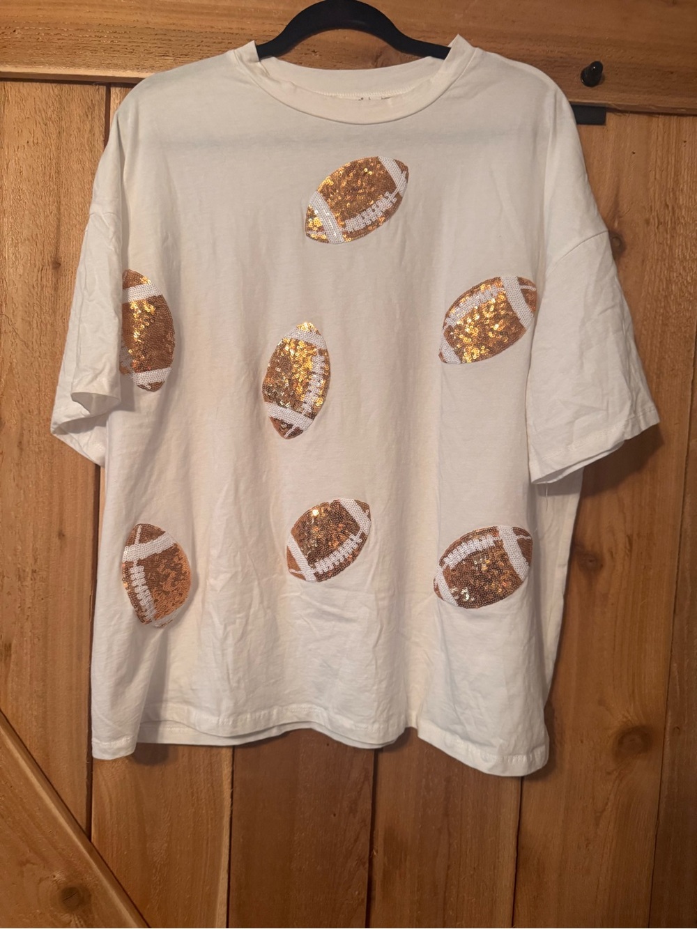 Football White Tee with Gold Sequin Footballs